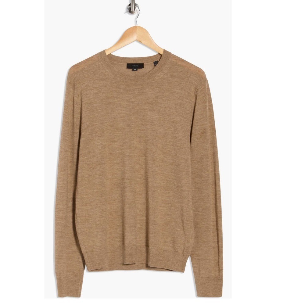 Vince Men's Crew Neck Merino Wool Sweater, Designer Khaki Beige, Size Large, NWT